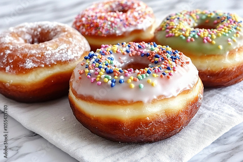 specialty donut collection with custom toppings on linen napkin