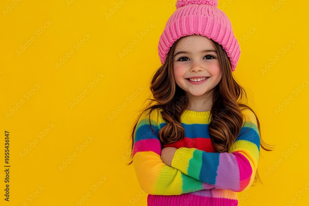 Winter portrait of a teen girl with a winter sweater and knit hat on a yellow background. Positive and smiling emotions depicted in the teen's face. Winter portrait of a teen girl with a winter sweater and knit hat on a yellow background. Positive and smiling emotions depicted in the teen's face.