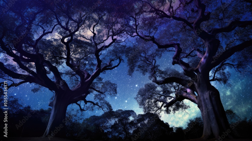 Majestic Silhouettes of Ancient Trees Against a Starry Night Sky with Cosmic Colors and Mystical Atmosphere Majestic Silhouettes of Ancient Trees Against a Starry Night Sky with Cosmic Colors and Mystical Atmosphere