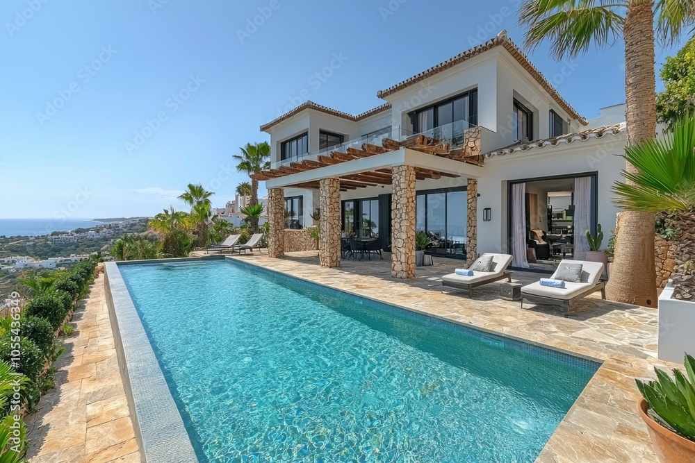 Fototapeta premium Modern Mediterranean Villa with Swimming Pool and Ocean View