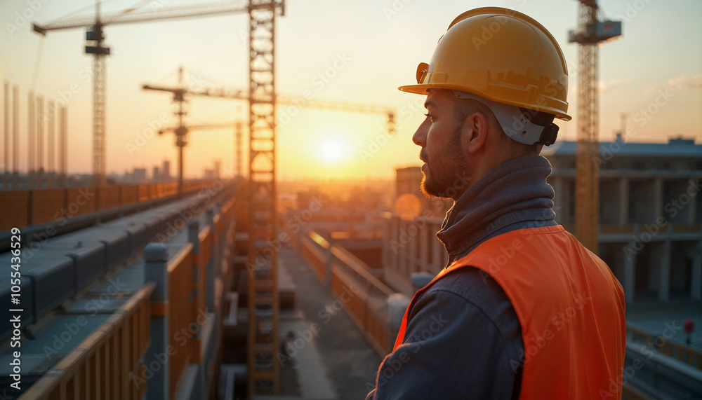 A civil engineer on a construction site in a helmet and protective gear inspects the construction site, earlier in the morning, the sun rises A civil engineer on a construction site in a helmet and protective gear inspects the construction site, earlier in the morning, the sun rises
