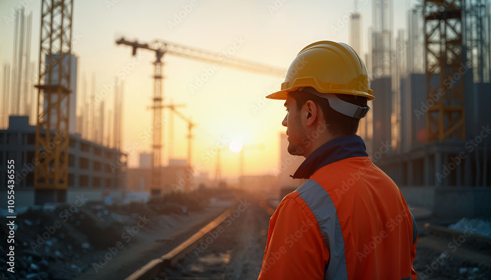 A civil engineer on a construction site in a helmet and protective gear inspects the construction site, earlier in the morning, the sun rises A civil engineer on a construction site in a helmet and protective gear inspects the construction site, earlier in the morning, the sun rises