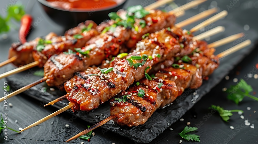 Grilled meat skewers with sesame seeds, green onions, and a spicy dipping sauce. Grilled meat skewers with sesame seeds, green onions, and a spicy dipping sauce.