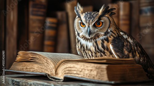 Wallpaper Mural Mądra sowa czyta książkę, z wyraźnym skupieniem i ciekawością. Jej pióra błyszczą w świetle, a otoczenie emanuje spokojem. Torontodigital.ca