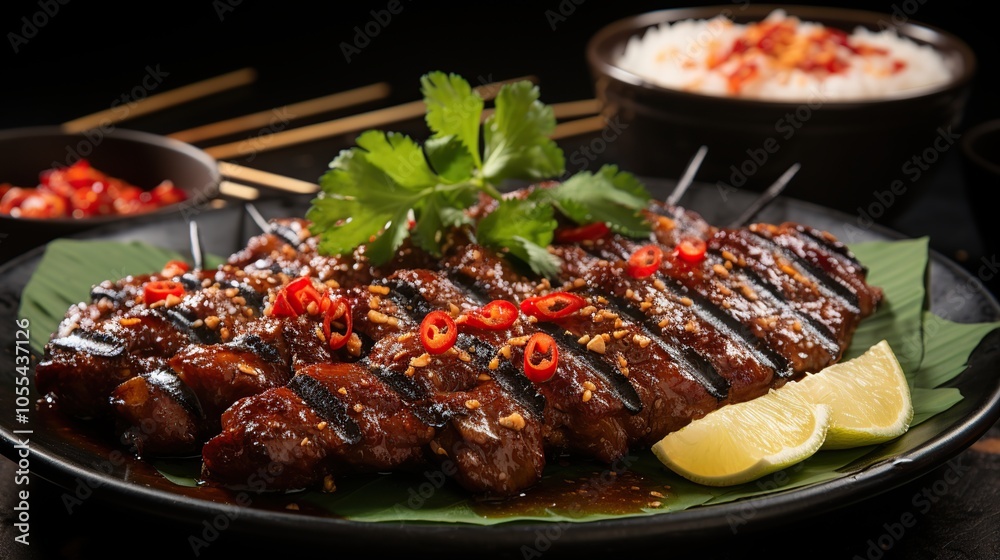 Grilled meat skewers with chili peppers, lime wedges, and parsley on a black plate. Grilled meat skewers with chili peppers, lime wedges, and parsley on a black plate.