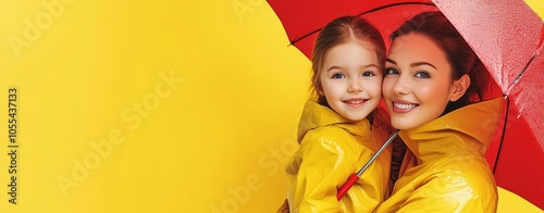 In an autumn park, a mother and daughter walk with umbrellas in the rain. Banner design with space for text.