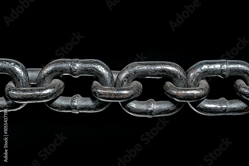 An image of metal chain links against a black background. A close-up of the links