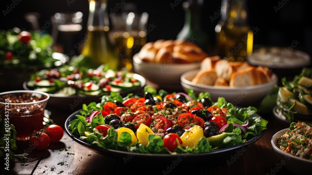 A table setting with various dishes, including a salad with tomatoes, olives, and peppers. A table setting with various dishes, including a salad with tomatoes, olives, and peppers.