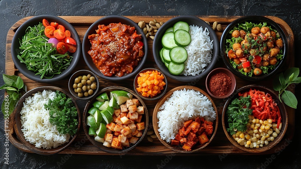 An assortment of bowls with various ingredients for creating a delicious and healthy meal. An assortment of bowls with various ingredients for creating a delicious and healthy meal.