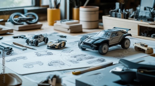 a designer's workspace filled with sketches, blueprints, and intricate model vehicle prototypes.