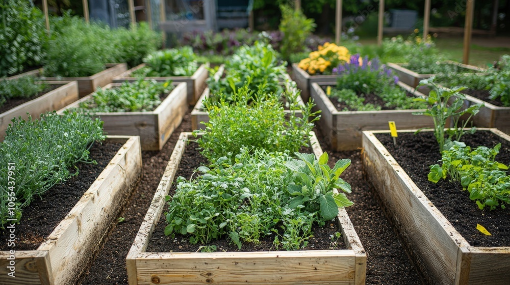 Lush vegetable garden in raised wooden beds during sunny afternoon in a community space