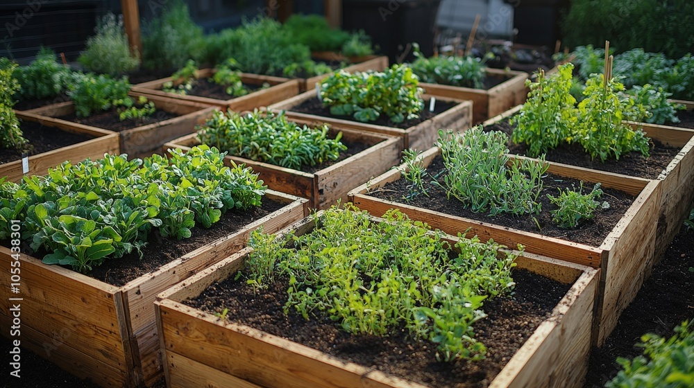Community garden thriving with lush, diverse plants in raised beds during the afternoon Community garden thriving with lush, diverse plants in raised beds during the afternoon