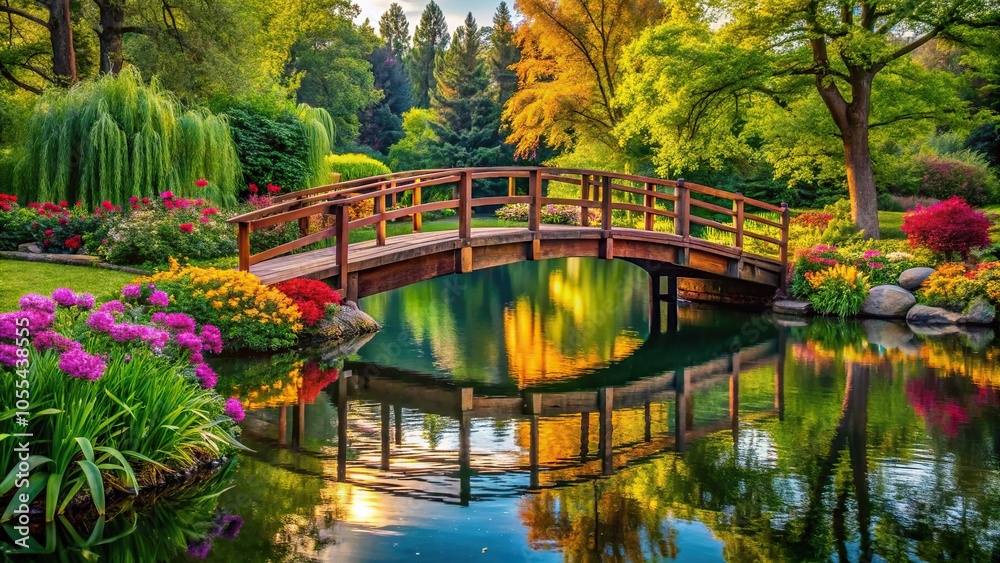 A wooden bridge over a serene pond reflects the vibrant colors of a beer garden with lush flowers and tall trees, water features, garden, trees, outdoor seating, rustic A wooden bridge over a serene pond reflects the vibrant colors of a beer garden with lush flowers and tall trees, water features, garden, trees, outdoor seating, rustic