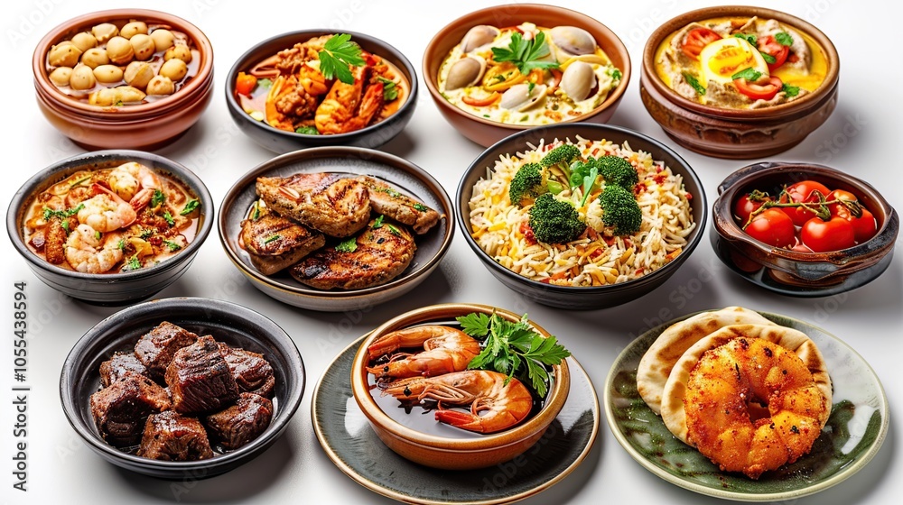 A variety of delicious dishes arranged on a white background, including shrimp, chicken, vegetables, and rice. A variety of delicious dishes arranged on a white background, including shrimp, chicken, vegetables, and rice.