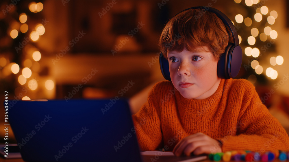 Boy Using Laptop with Headphones at Home with Christmas Lights Boy Using Laptop with Headphones at Home with Christmas Lights