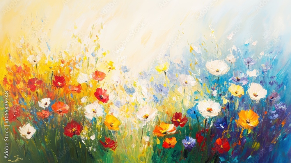 Colorful flower painting with green foliage. Colorful flower painting with green foliage.