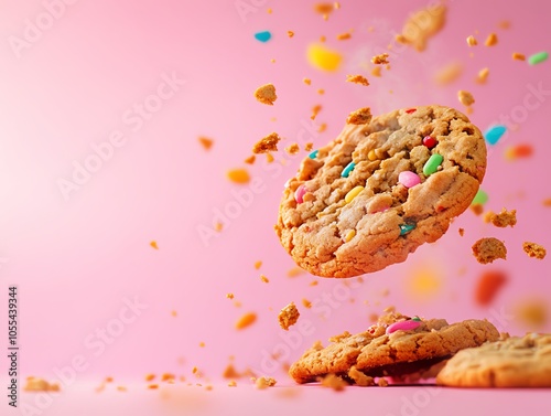 Assortment of Crumbl cookies on pink background, colorful and playful, perfect for social media visuals photo