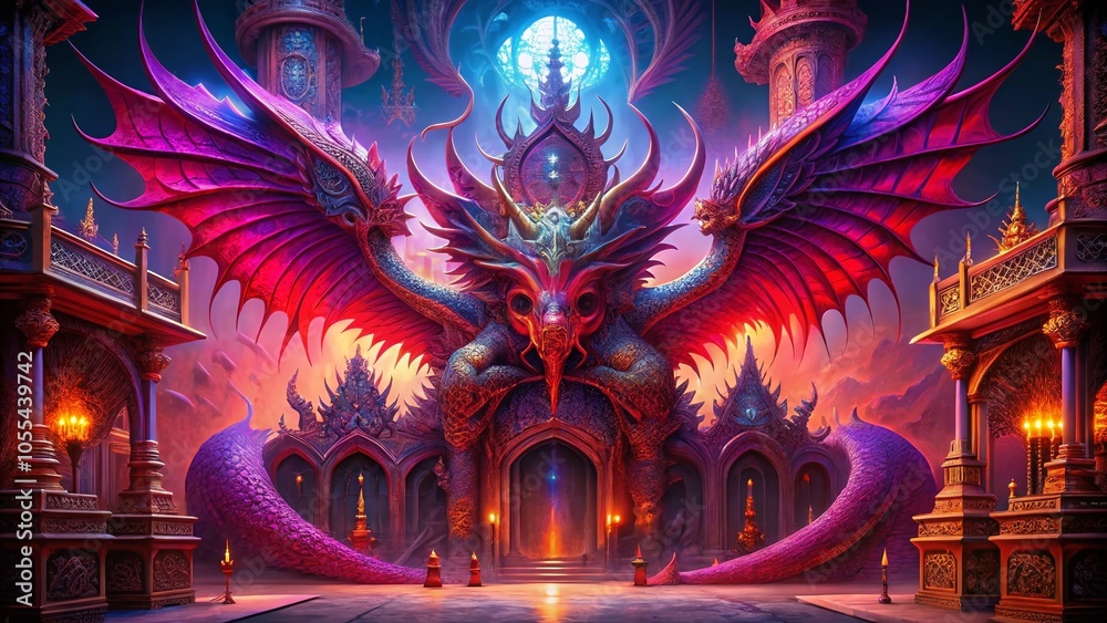 Fantasy Dragon Wings Illustration with Vibrant Red and Purple Colors for Architectural Photography Fantasy Dragon Wings Illustration with Vibrant Red and Purple Colors for Architectural Photography