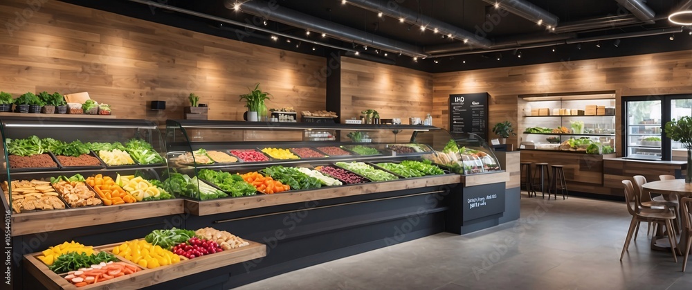 A trendy health food cafe menu display, featuring fresh, nutritious options like salads, sandwiches, and vegetable-based snacks A trendy health food cafe menu display, featuring fresh, nutritious options like salads, sandwiches, and vegetable-based snacks