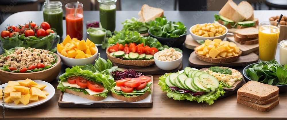 A rustic, cozy setting with a lunch spread of healthy, colorful vegan dishes, emphasizing homemade and fresh ingredients A rustic, cozy setting with a lunch spread of healthy, colorful vegan dishes, emphasizing homemade and fresh ingredients