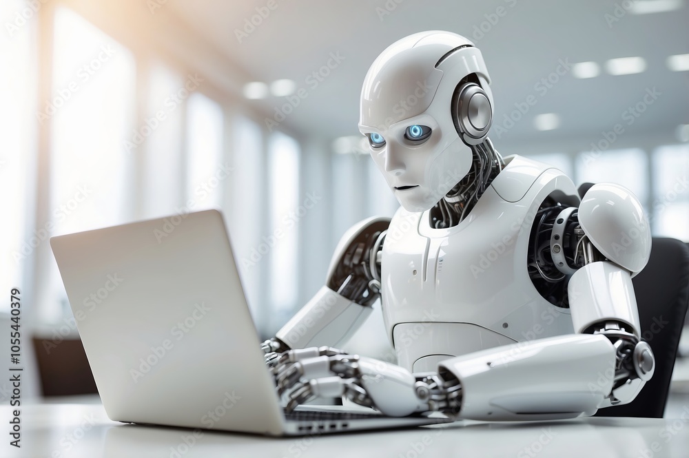 A humanoid robot working intently on a laptop in a modern office environment during daylight A humanoid robot working intently on a laptop in a modern office environment during daylight