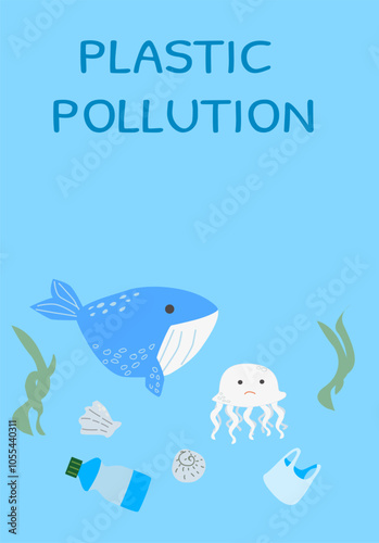 Marine conservation art highlighting ocean plastic pollution and wildlife protection.