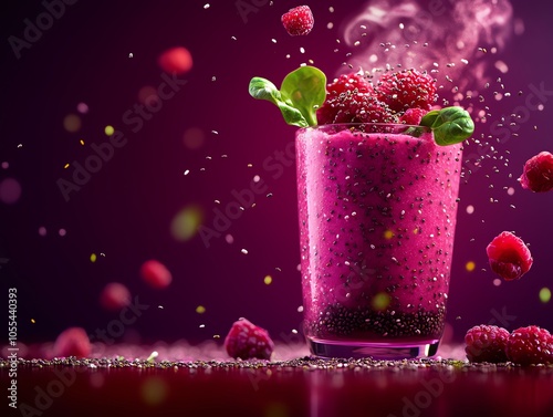 Berry and spinach smoothie with chia seeds, high in antioxidants and omega3s, vivid purple and green tones, wellness concept photo