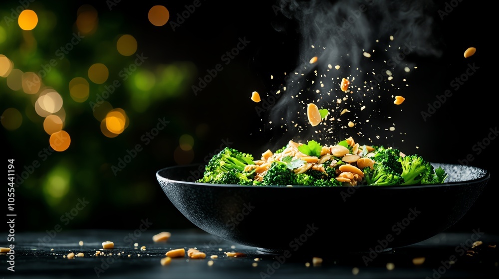 Broccoli and almond stirfry with garlic and ginger, nutrientdense, vitamin C and E boost, bright greens, minimal background Broccoli and almond stirfry with garlic and ginger, nutrientdense, vitamin C and E boost, bright greens, minimal background