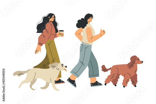 Woman Character Walking Dog Pet as Domestic Animal Vector Illustration