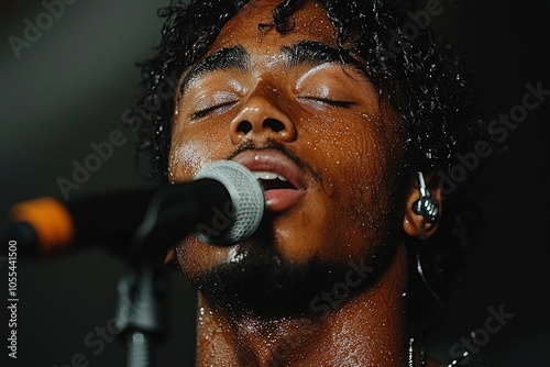 Close-up Portrait of a Sweaty Male Singer Performing with a Microphone photo