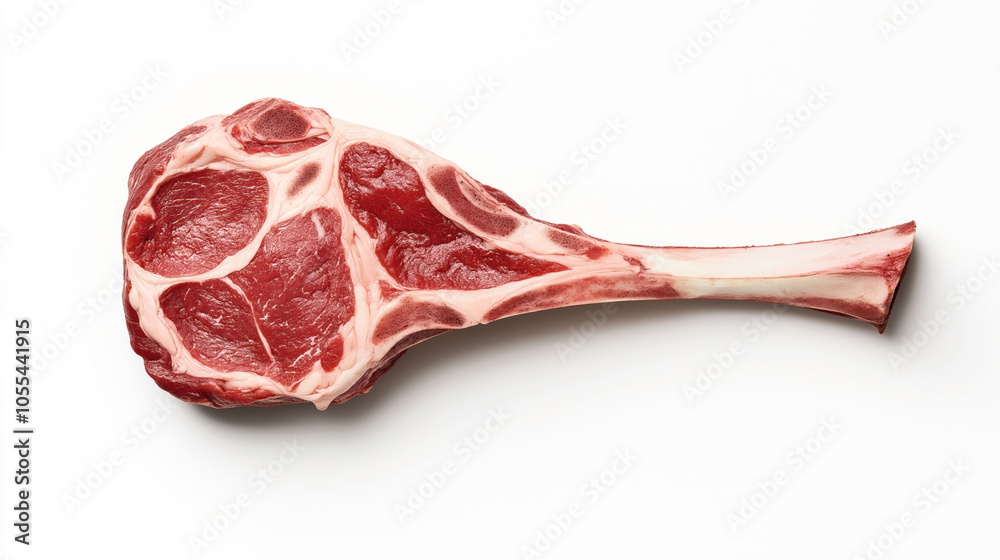 Raw tomahawk steak with bone on white background, showcasing marbled texture and large rib eye with visible fat Raw tomahawk steak with bone on white background, showcasing marbled texture and large rib eye with visible fat