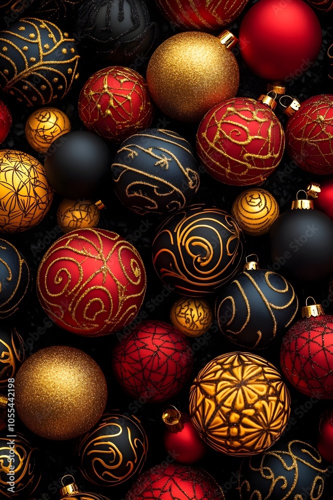 Stylish pattern of Christmas motifs, such as Christmas tree balls and gifts, in warm colors Stylish pattern of Christmas motifs, such as Christmas tree balls and gifts, in warm colors