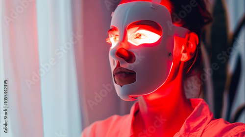 Innovative facial skin care, ice mask with red neon light and microcurrents. The concept of rejuvenation and skin health for women