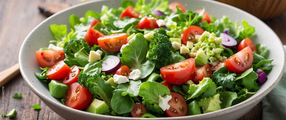 Close-up of a refreshing salad bowl with lettuce, tomatoes, and fiber-rich seeds, perfect for a health-focused lifestyle Close-up of a refreshing salad bowl with lettuce, tomatoes, and fiber-rich seeds, perfect for a health-focused lifestyle