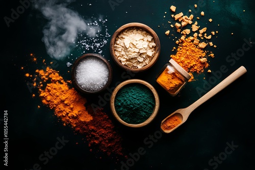 Colorful flatlay of sourdough ingredients flour, water, salt, wooden tools, Sourdough ingredients, baking essentials photo