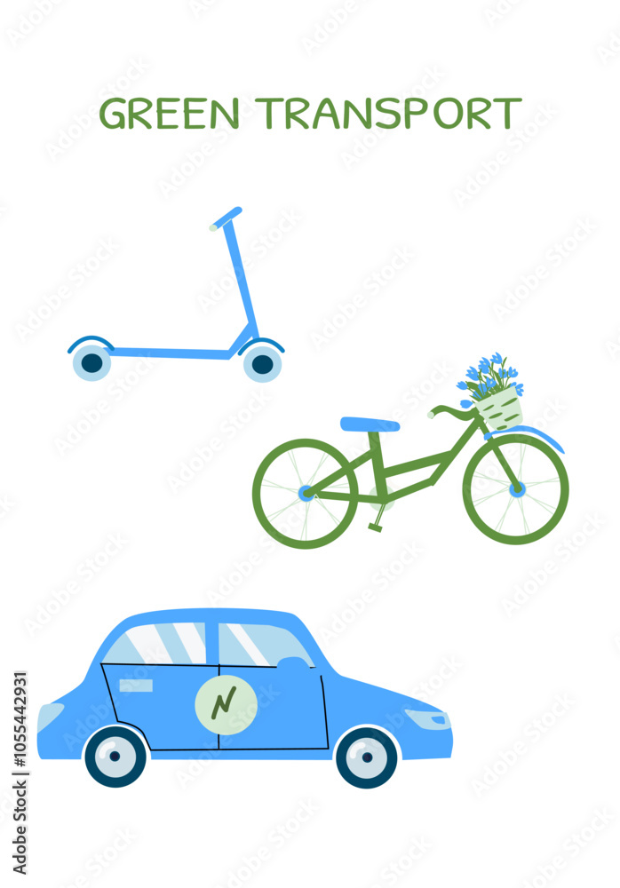 Fototapeta premium Eco-friendly transportation icons: scooter, bicycle, and electric car.