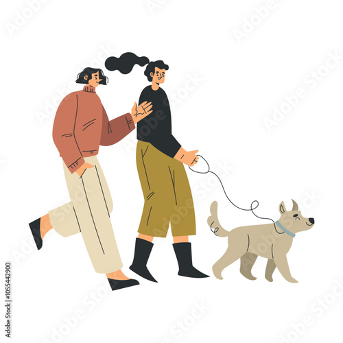 Woman Character Walking Dog Pet as Domestic Animal Vector Illustration