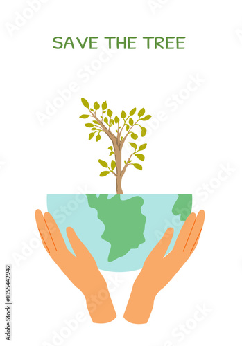 Hands holding growing tree on globe promoting environmental conservation.