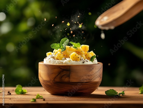 Cottage cheese with diced pineapple and mint, refreshing setup, Cottage cheese snack, lowcalorie protein photo