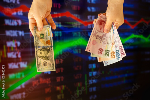 American dollar and Turkish lira on woman's hand and stock market screen, money chart background