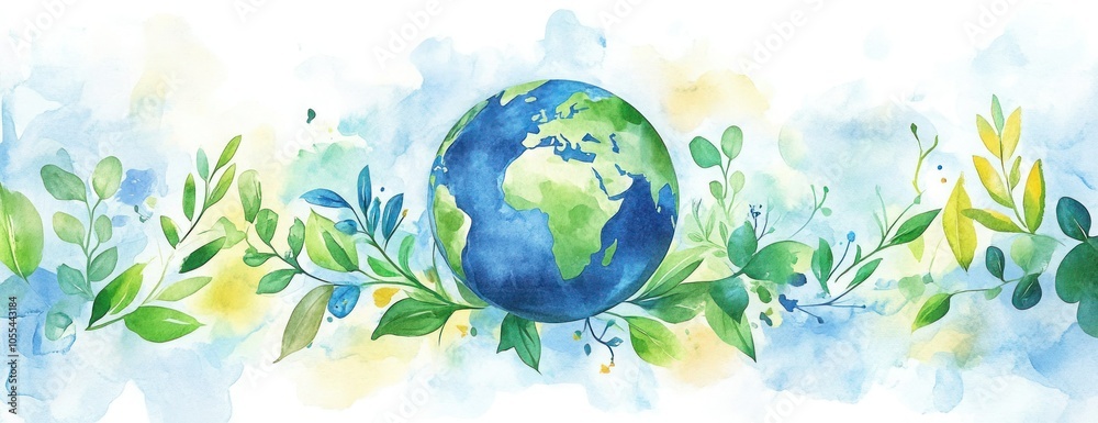 Earth surrounded by greenery and leaves in soft blue hues - perfect for environmental themes or Earth Day advertising Earth surrounded by greenery and leaves in soft blue hues - perfect for environmental themes or Earth Day advertising