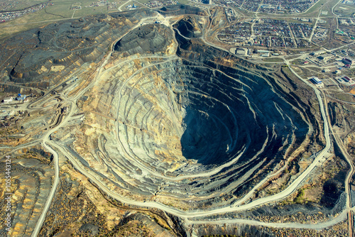 Aerial view of a beautiful mining cave and open pit quarry with intricate patterns and forms, Sibay, Bashkortostan Republic, Russia. photo