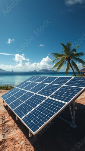 Solar pv modules on remote island in fiji solar panel Ultra realistic Photorealistic  photo