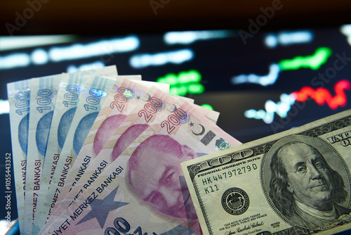 American dollar and Turkish lira on woman's hand and stock market screen, money chart background