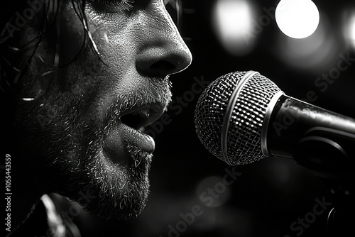 A Close-up of a Man Singing into a Microphone