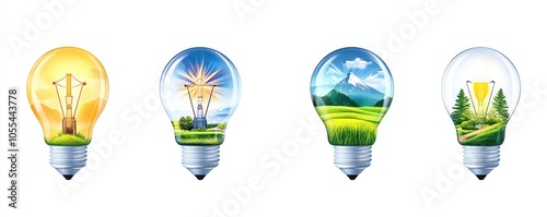 Green Eco Power Light Bulb with Landscape - Vector Illustration for Banner or Poster Design, 4K High Detail Shot in Agfa Vista Plus 200 Style photo