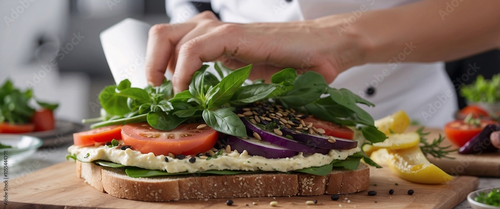 Close-up of a chef preparing a vegetarian sandwich with fresh herbs, grilled veggies, and garnished with protein-packed seeds Close-up of a chef preparing a vegetarian sandwich with fresh herbs, grilled veggies, and garnished with protein-packed seeds