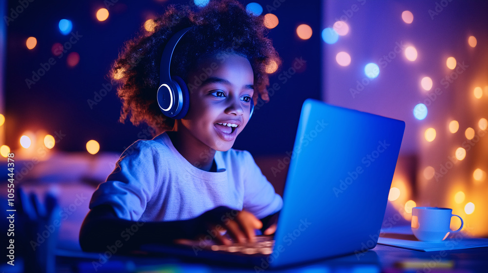 Happy Girl Using Laptop at Home with Headphones and Fairy Lights Happy Girl Using Laptop at Home with Headphones and Fairy Lights