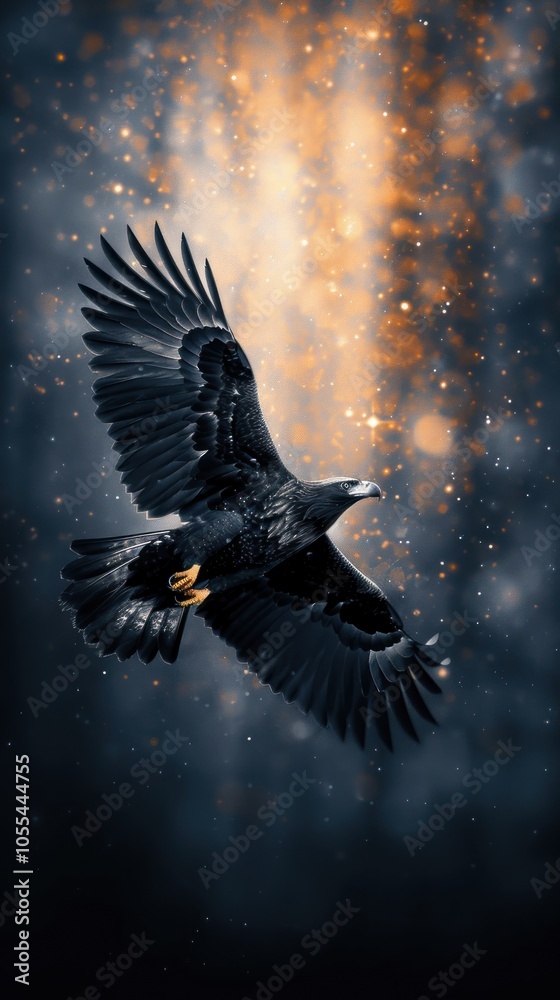 Fototapeta premium A majestic bird in flight against a dramatic, blurred background, showcasing its powerful wings and dynamic movement.