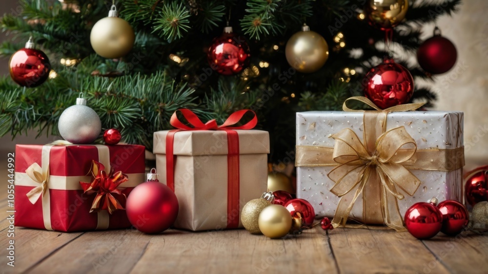 Christmas tree with ornaments, gift boxes and dark wooden wall as copy-space in the background Christmas tree with ornaments, gift boxes and dark wooden wall as copy-space in the background